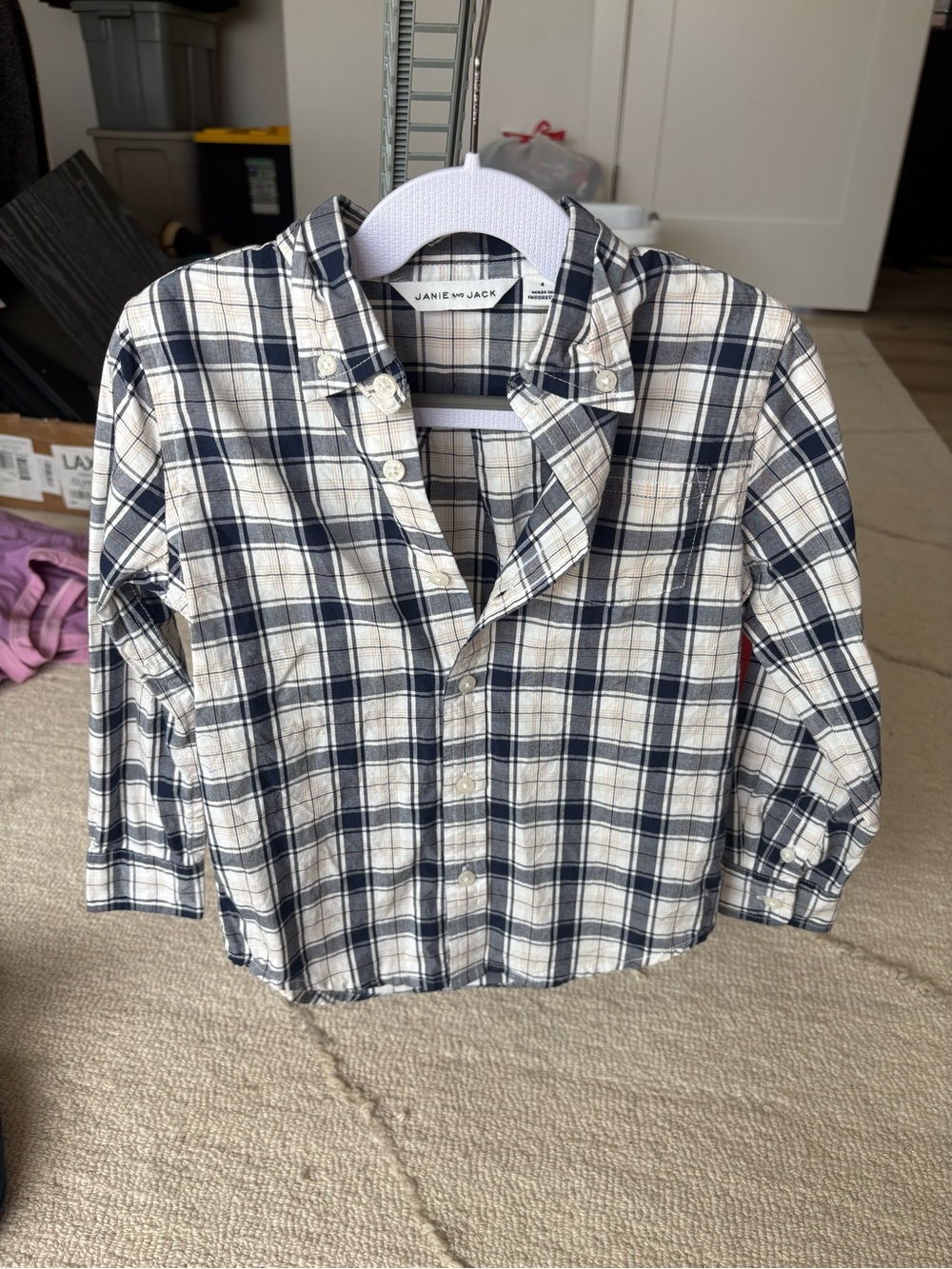 JANIE & JACK | Navy and Cream Plaid Button-Down Shirt - EUC